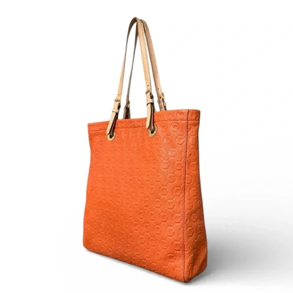 Michael Kors Tote Bag Vintage Monogram Embossed Leather Tote Shoulder Bag Orange - Picture 2 of 12